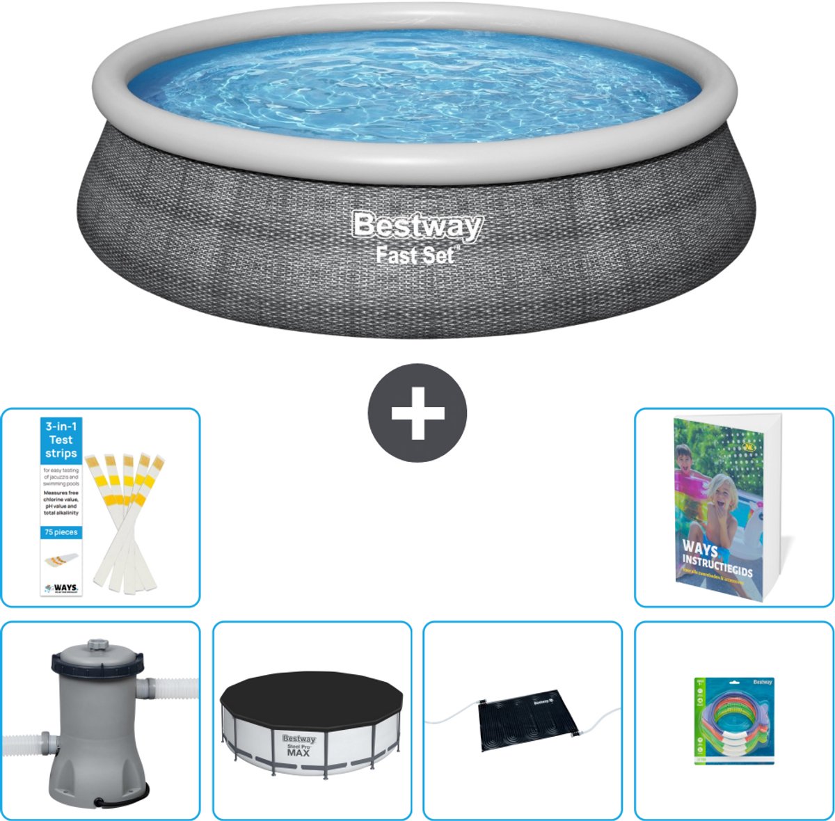 Bestway Rond Opblaasbaar Fast Set Zwembad - Rotanprint - 457 x 84 cm - Inclusief Pomp - Afdekzeil - Solar Mat - Speelgoed - 7-delig