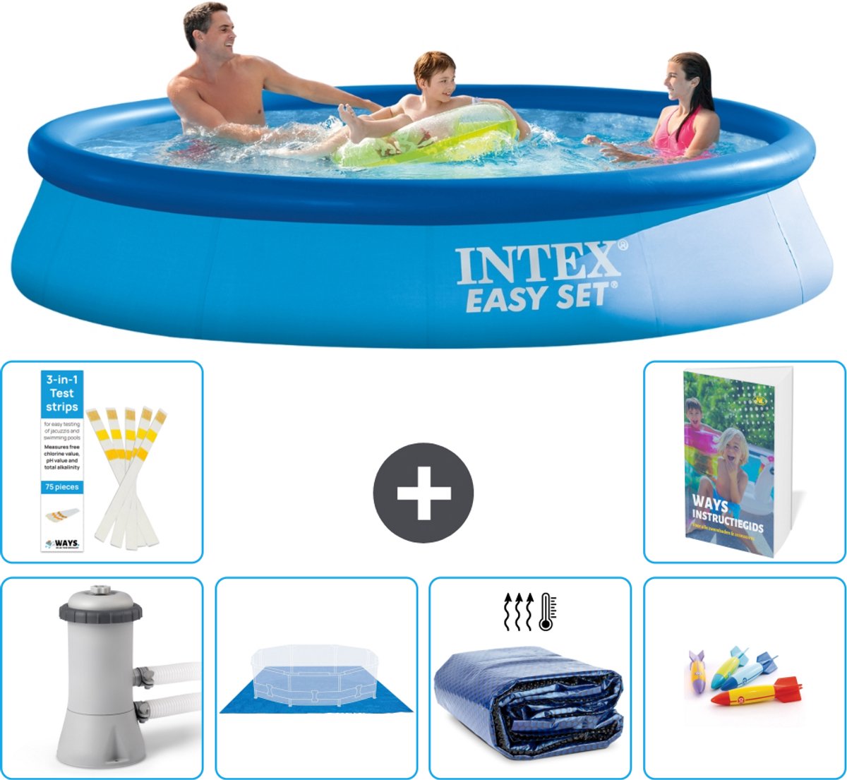 Intex Rond Opblaasbaar Easy Set Zwembad - 366 x 76 cm - Blauw - Inclusief Pomp - Grondzeil - Solarzeil - Speelgoed - 7-delig