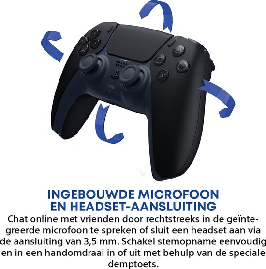 Zwarte Sony PS5 DualSense controller met blauwe pijlen eromheen.