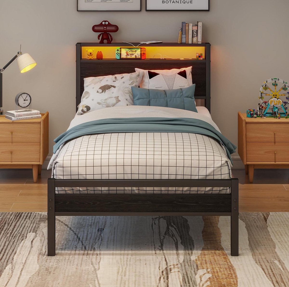 FloraGrace Bedframe 90x200 cm - Bed Met Opbergruimte, LED Verlichting En Usb-C Oplaadfunctie - Metaal En MDF - Zwart - Zonder Matras