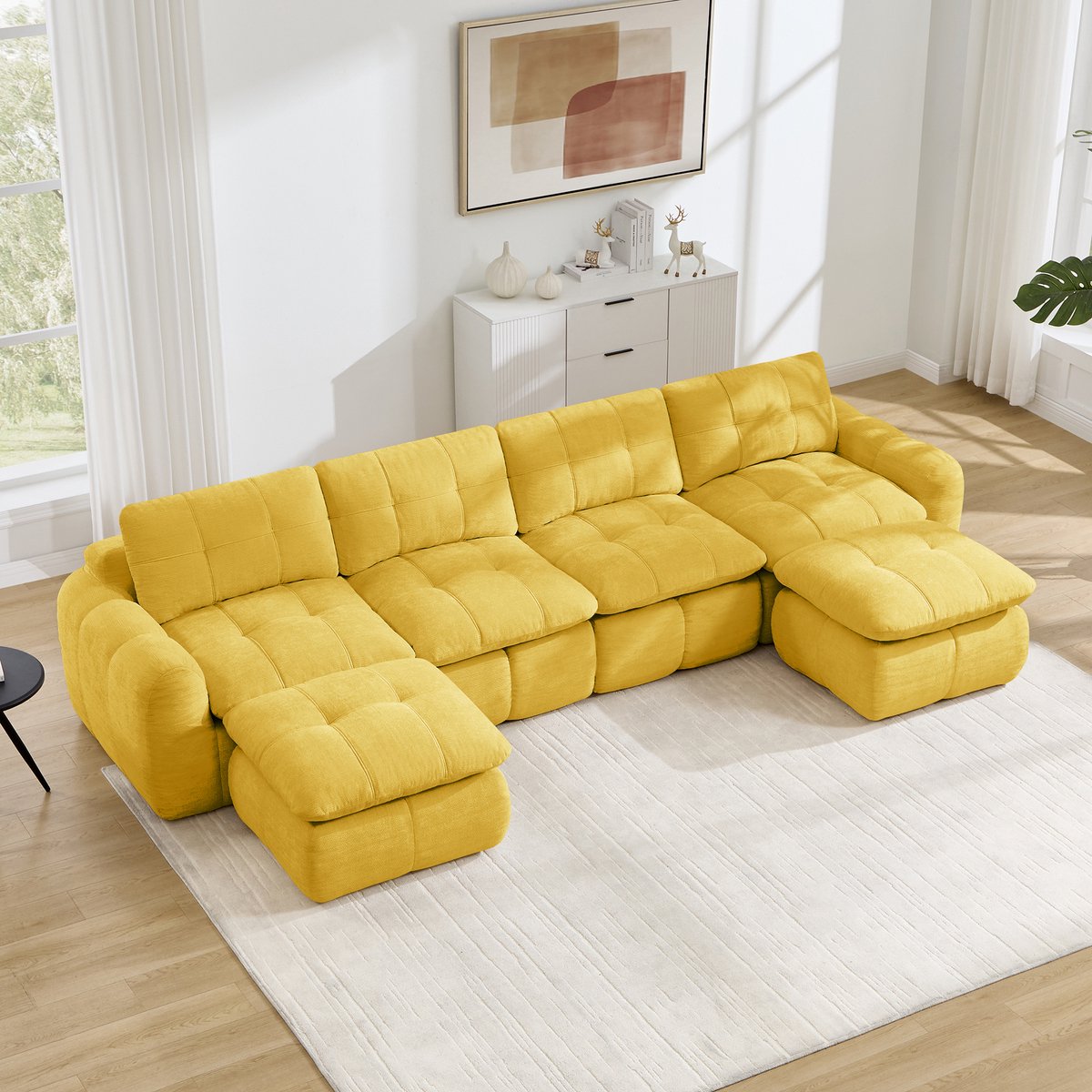 Moderne Hoekbank, U-Bank, 4-Zits bank, Modulaire U-Bank Voor 4 Personen, Frameloos, Met Ruitvormig Doorgestikt Patroon, Huidvriendelijke Chenille Bekleding, Brede Diepe Zitplaatsen, Vrij Combineerbaar, Montagevrij,Geel