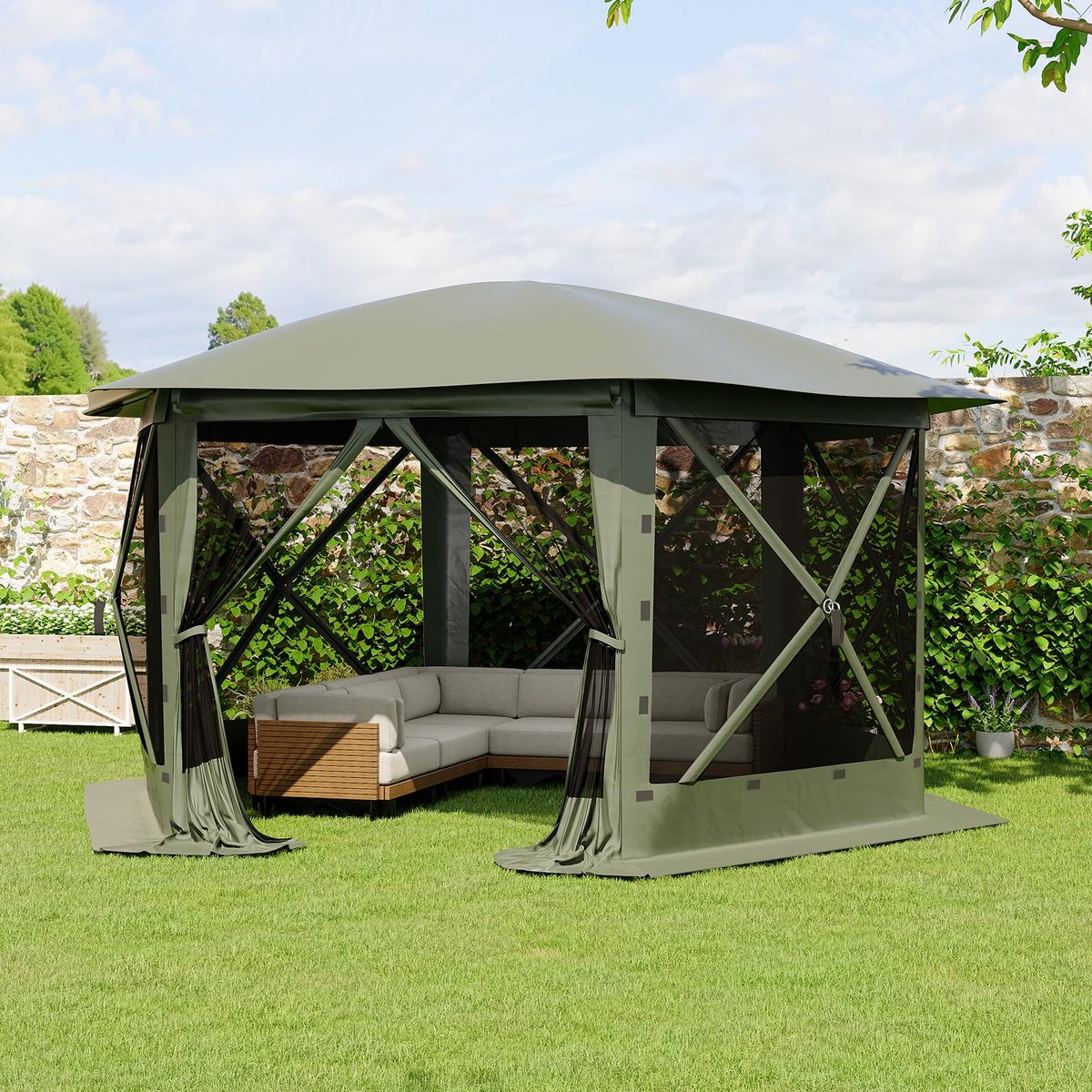 Triumpunpre Pop-up Tuinpaviljoen Zeshoekig 3,6x3,6m - Opvouwbare Partytent Gazebo met 6 Afneembare Zijwanden & Muggengaas - 210D Polyester Waterafstotend UV-Beschermd - Inclusief Opbergtas - Legergroen