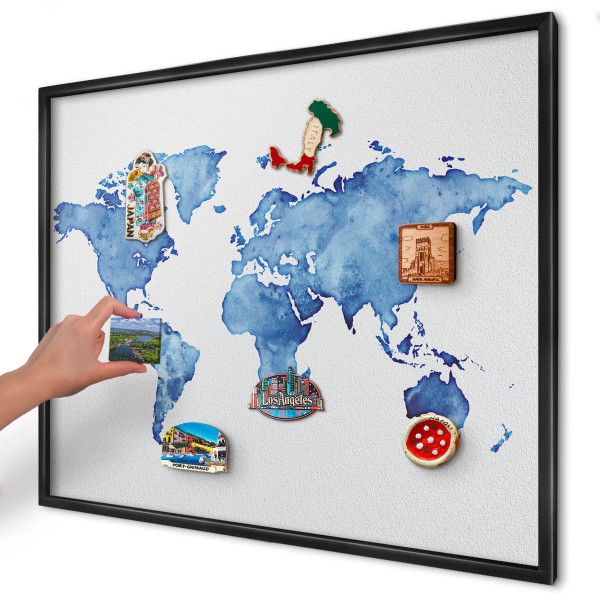 Artprintcave Blauw Magneetbord mit Zwart Frame - 80x60 cm - Aquarelkaart Memobord Keuken - Waterverf Magneet Bord mit Frame - Kaarten