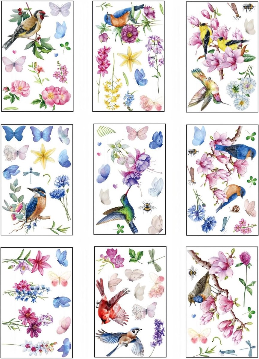 9 stuks raamafbeeldingen lente, muursticker voor ramen, raamstickers, kinderkamer, vensterafbeeldingen, vogels voor kinderkamer, keuken, zomer, raamdecoratie, zelfklevend, herbruikbaar