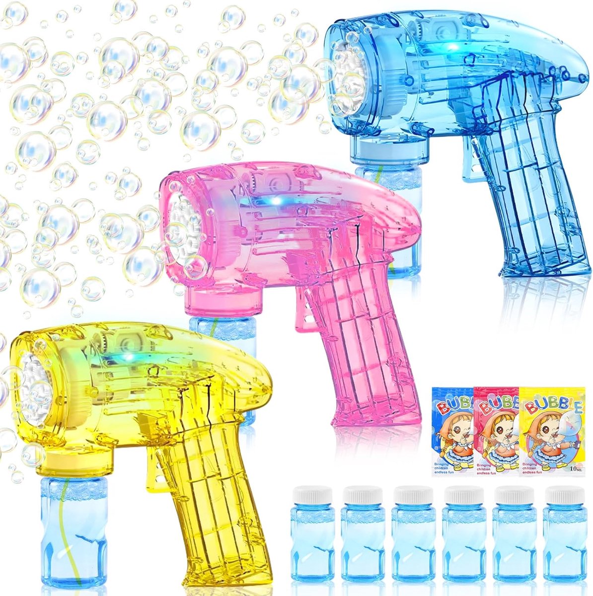 3 stuks bellenblazenpistool voor kinderen, automatische bellenblaasmachine, voor kinderen, oplichtend, met 6 flessen, 3 verpakkingen, voor bruiloft, outdoor, verjaardagsfeest, tuin