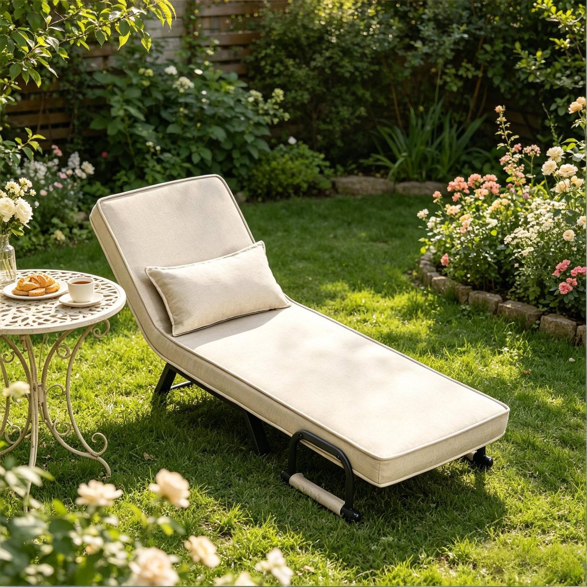 FloraGrace Fauteuil 65 Cm - Convertible Slaapstoel Met Verstelbare Rugleuning - Met Armleuningen En Kussen - Zonder Matras - Beige