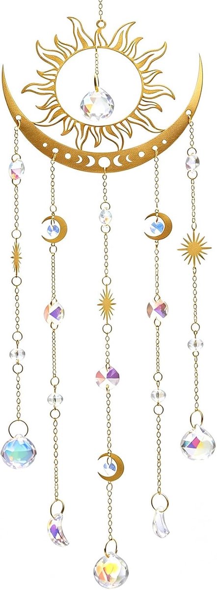 Kristallen zonnevanger, kleurrijke zon- en maanvanger met regenboogkristallen bol, decoratieve hangende ornamenten voor thuis, tuin of als cadeau voor geliefden
