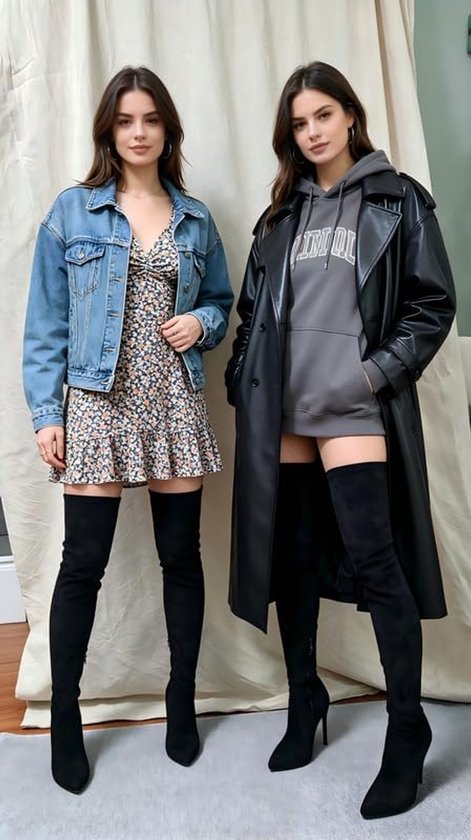 Twee modellen met zwarte overknee-laarzen, gecombineerd met een spijkerjasje, bloemetjesjurk en trenchcoat.