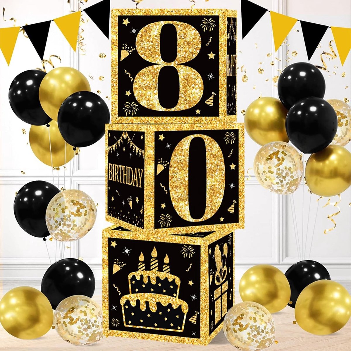 80ste Verjaardag Versieringen voor Mannen en Vrouwen - 3 Stuks Zwarte en Gouden Verjaardagsdozen, Feestdecoratie en Tafelversiering voor Grootouders en Verjaardagsfeest Supplies