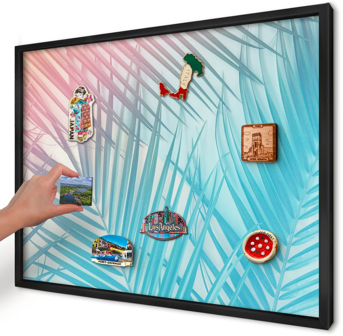 Artprintcave Turkoois Magneetbord mit Zwart Frame - 70x50 cm - Tropische Elegantie Magnetisch Bord - Abstract Magnetisch Bord Voor Magneten - Bloemen En Planten
