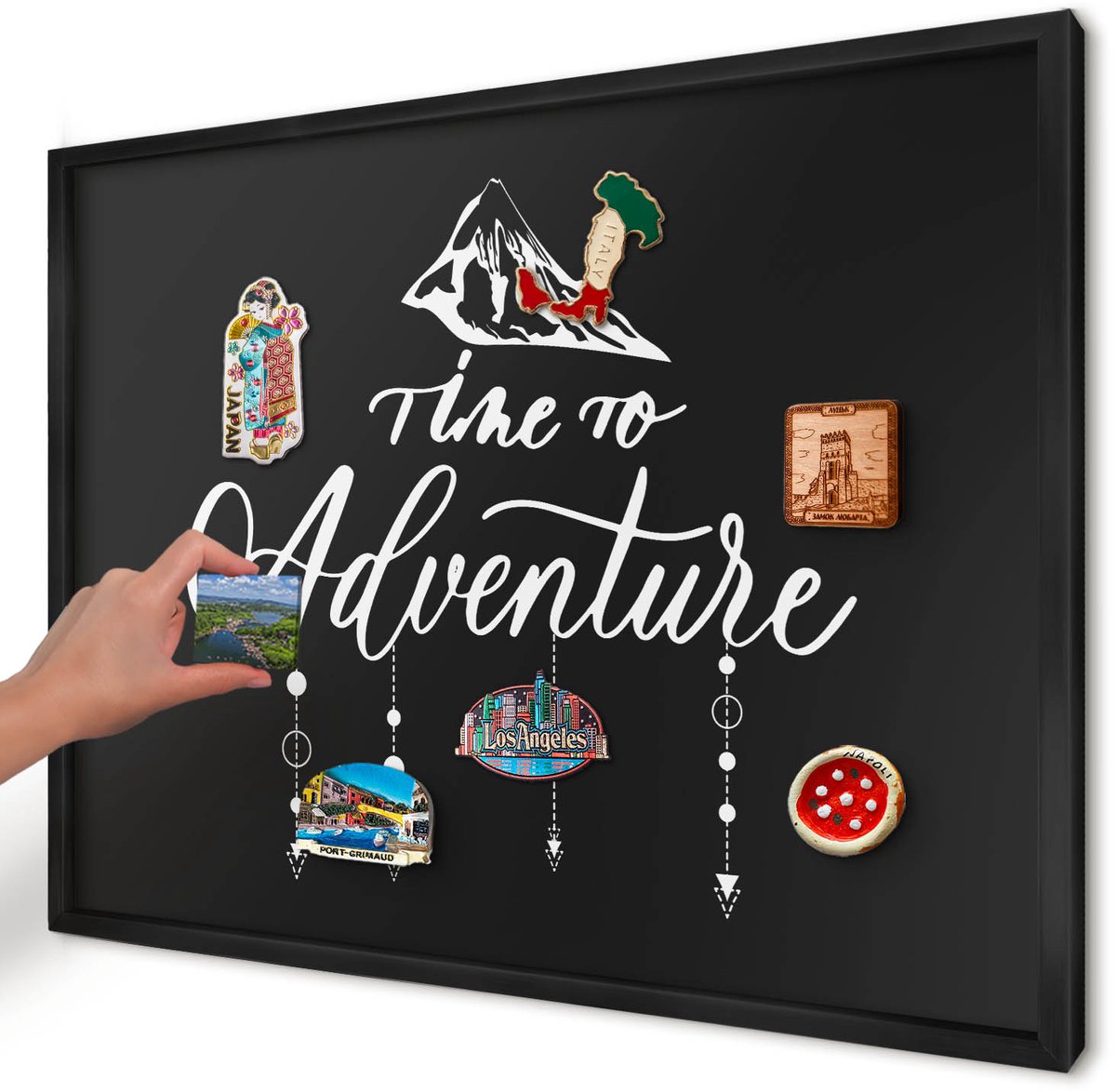 Artprintcave Zwart Magneetbord mit Zwart Frame - 70x50 cm - Avontuur Wacht. Wandbord Magnetisch - Modern Magneetbord Voor Keuken - Teksten