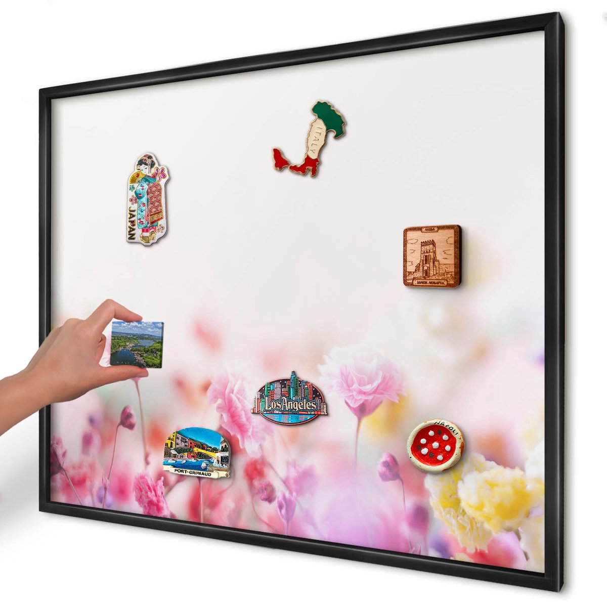Artprintcave Roze Magneetbord mit Zwart Frame - 80x60 cm - Pastelkleurige Bloemen Magneetbord Voor Foto's - Abstract Memobord Keuken - Bloemen En Planten
