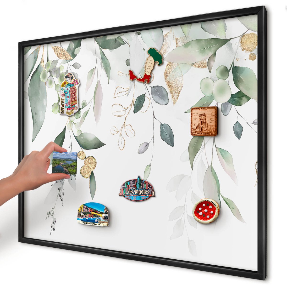 Artprintcave Groente Magneetbord mit Zwart Frame - 80x60 cm - Groene Bladeren Magnetisch Bord Voor Magneten - Waterverf Magneet Bord mit Frame - Bloemen En Planten