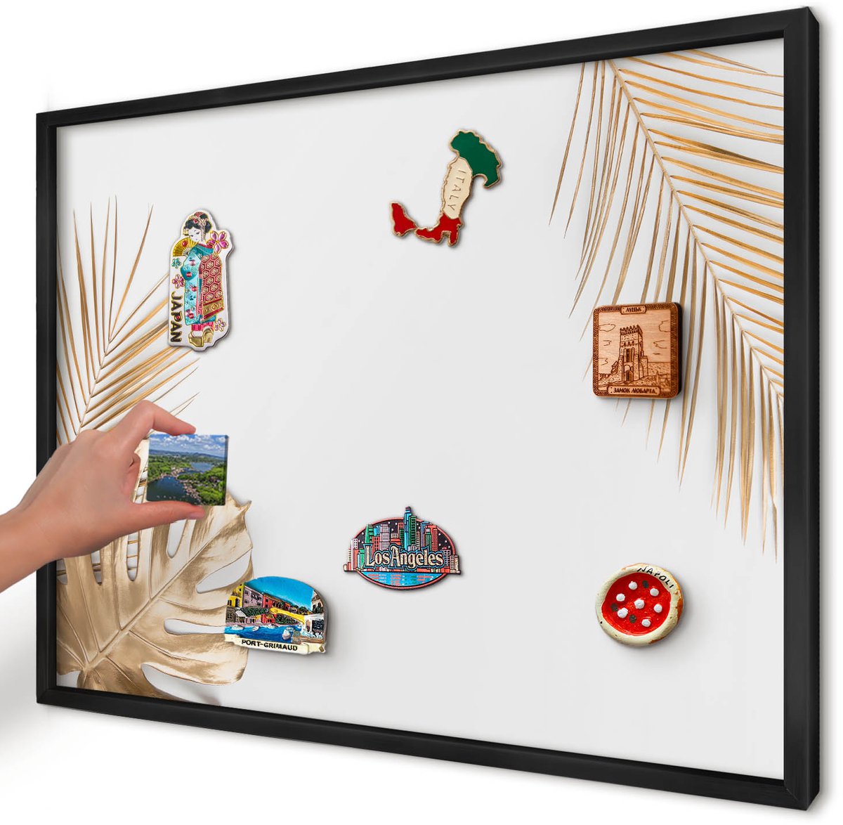 Artprintcave Wit Magneetbord mit Zwart Frame - 70x50 cm - Elegante Bladeren Memobord Keuken - Minimalist Wandbord Magnetisch - Bloemen En Planten