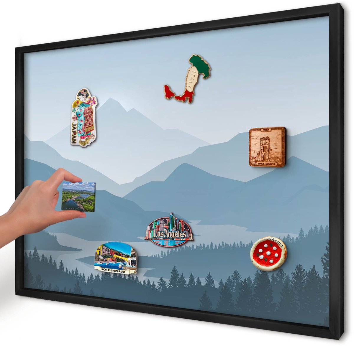 Artprintcave Blauw Magneetbord mit Zwart Frame - 70x50 cm - Berg Harmonie Notitiebord - Abstract Magneetbord Voor Foto's - Landschappen