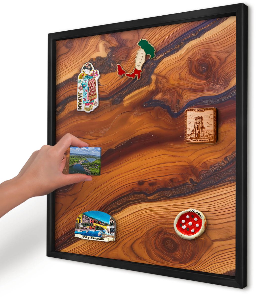 Artprintcave Bruin Magneetbord mit Zwart Frame - 50x50 cm - Houten Ringen Notitiebord - Rustiek Memobord Keuken - Texturen