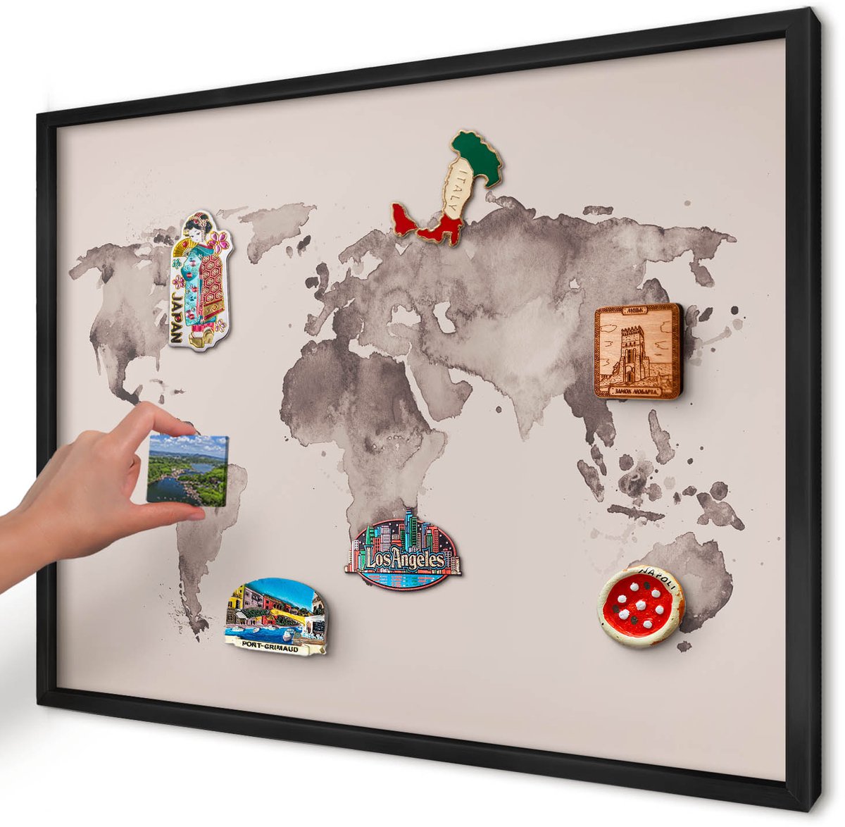 Artprintcave Bruin Magneetbord mit Zwart Frame - 70x50 cm - Wereldkaart Wandbord Magnetisch - Waterverf Bord Voor Magneten - Kaarten