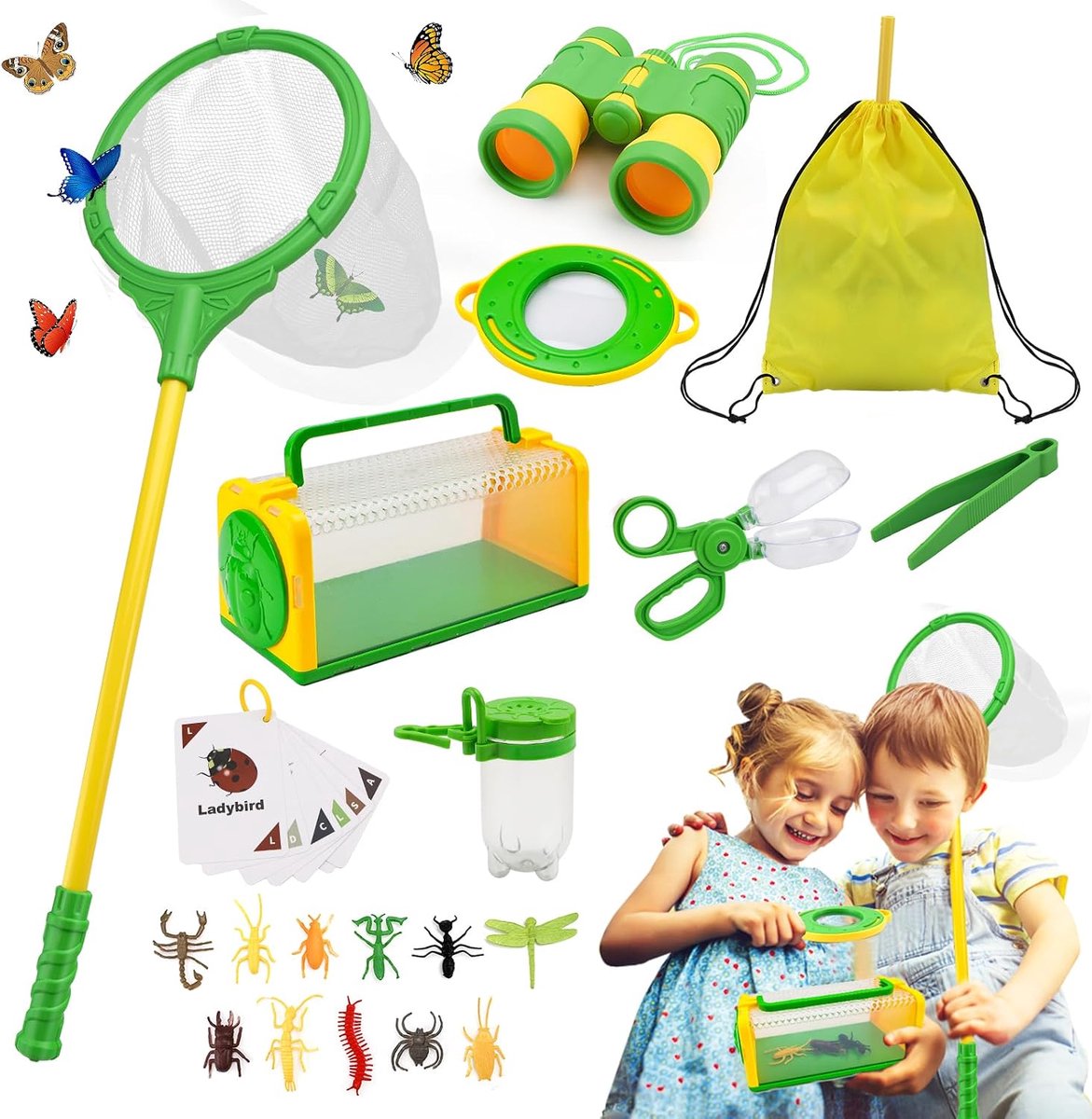 Onderzoekset voor kinderen, loepenbekers voor kinderen, ontdekkingsset, kinderverrekijker, vlindernet, buitenspeelgoed, insectenonderzoek, insectendoos, insecten vangen