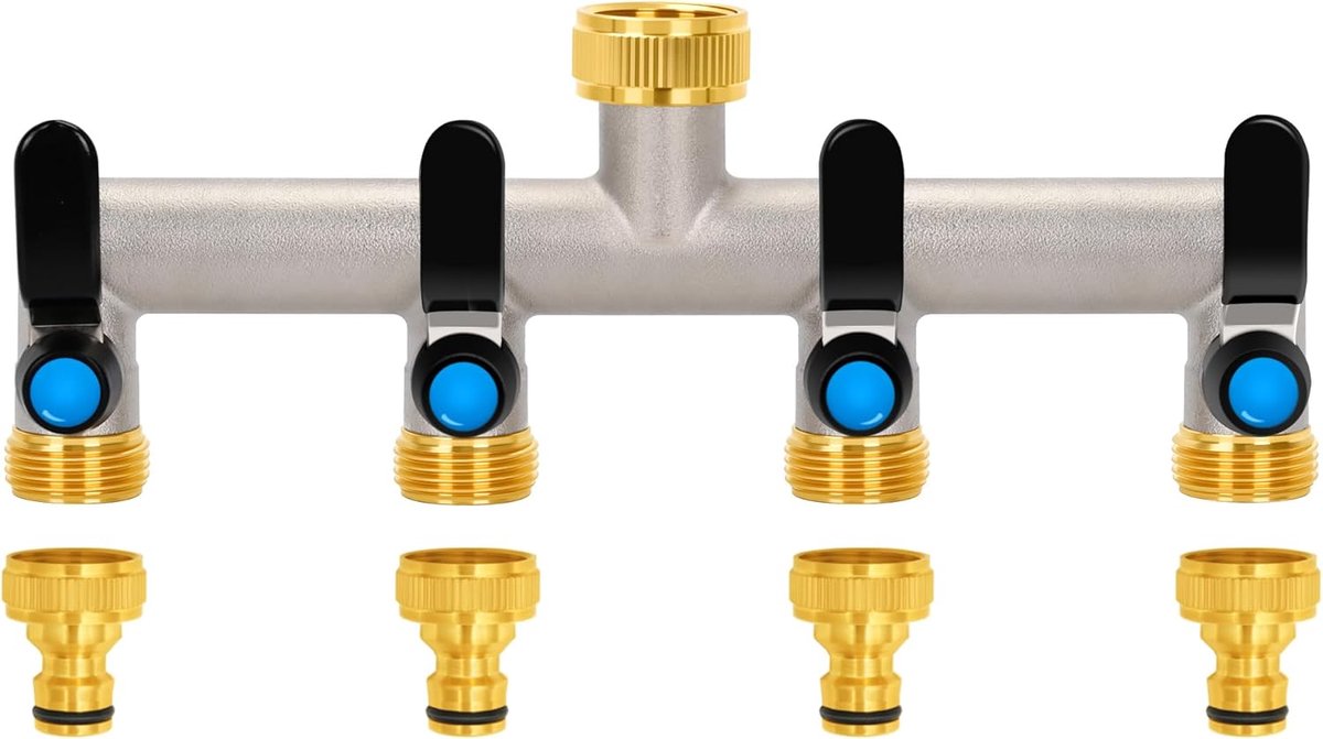 4-weg waterkraan waterverdeler, 304 roestvrij staal greep, 3/4 inch messing wateraansluiting verdeler met individuele afsluiters, 4 stuks 3/4" verdeeluitlaten voor apparaten/tuinslangen