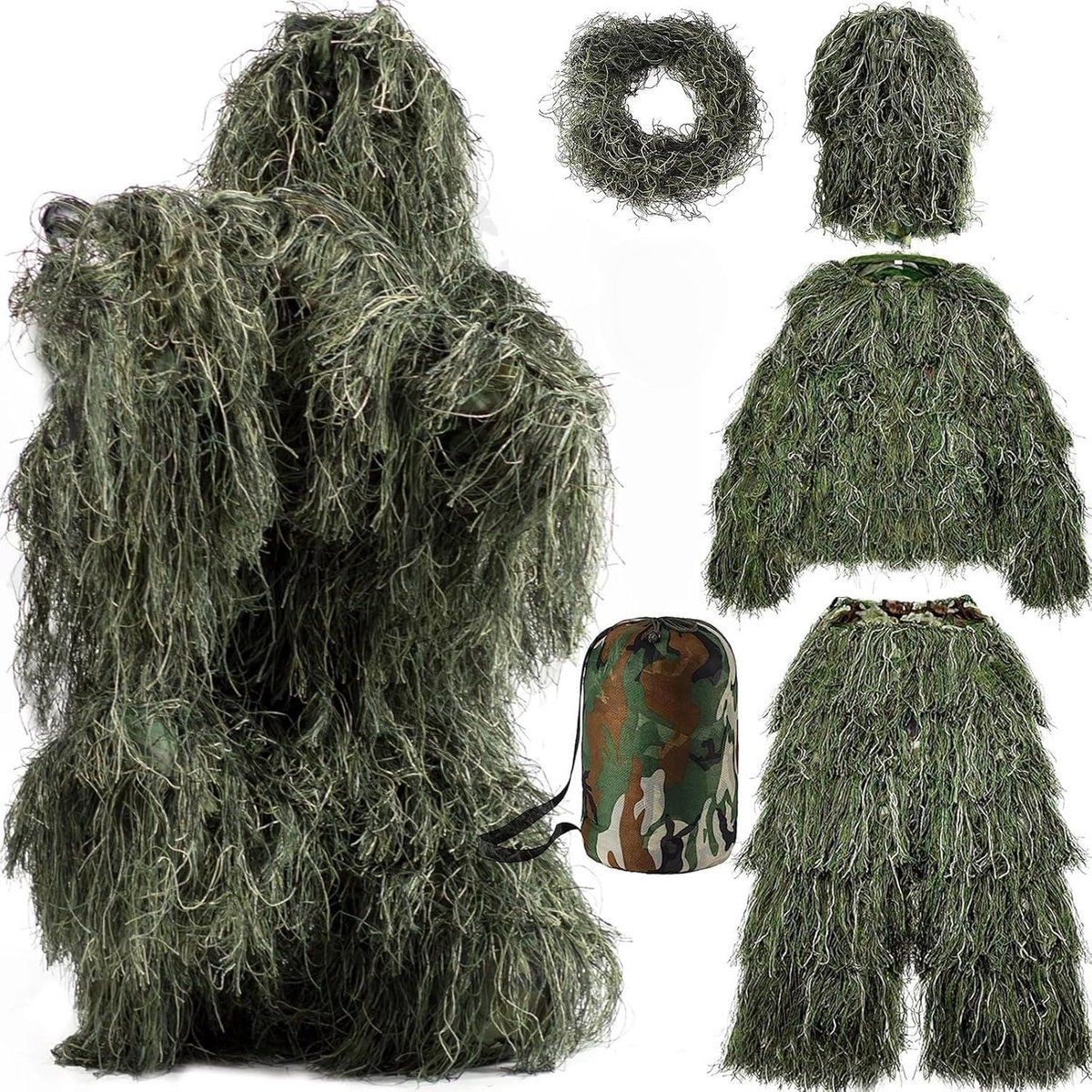 Ghillie Suit, 5-delig 3D-camouflagepak, jachtkleding, camouflagepak voor jacht, bos en tactische inzetstukken, camouflageset met jas, broek, hoofd