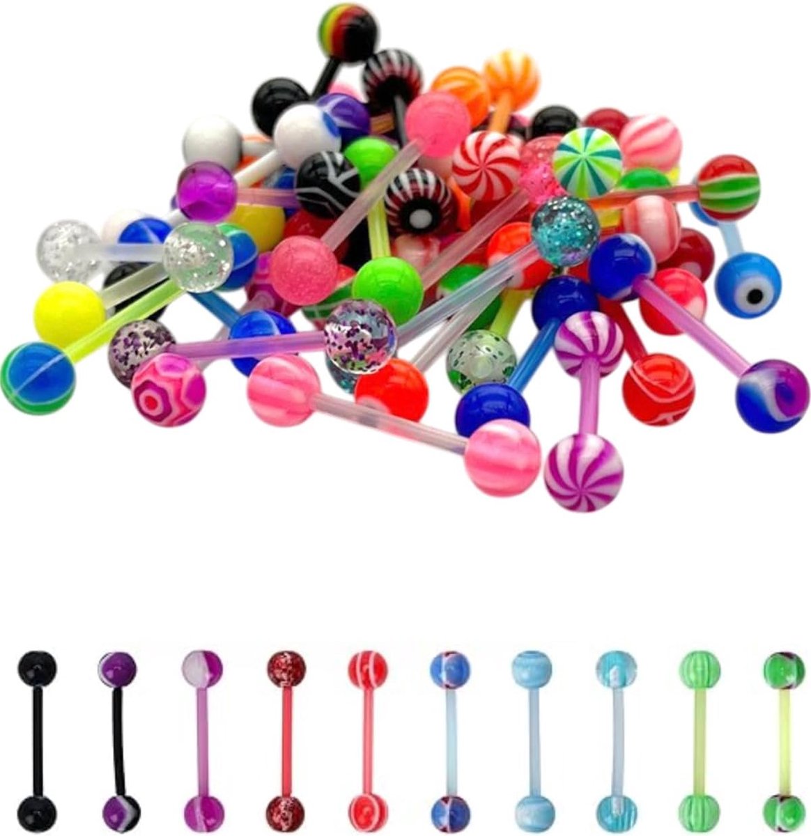 20 stuks tongpiercings, acryl tongpiercing, tongpiercingset, flexibel plastic, rechte barbells, lichaamspiercing, met acryl kogel 16 mm barbell-piercing, tong, voor dames en heren