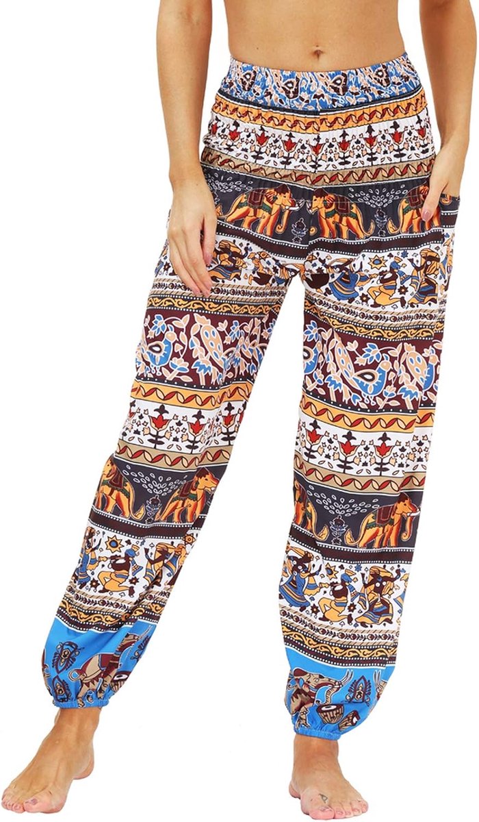 hippiebroek voor dames, harembroek, boho-patroon, gesmokte taille met zakken, vrijetijdsbroek, zomerbroek, yogabroek, Eén maat