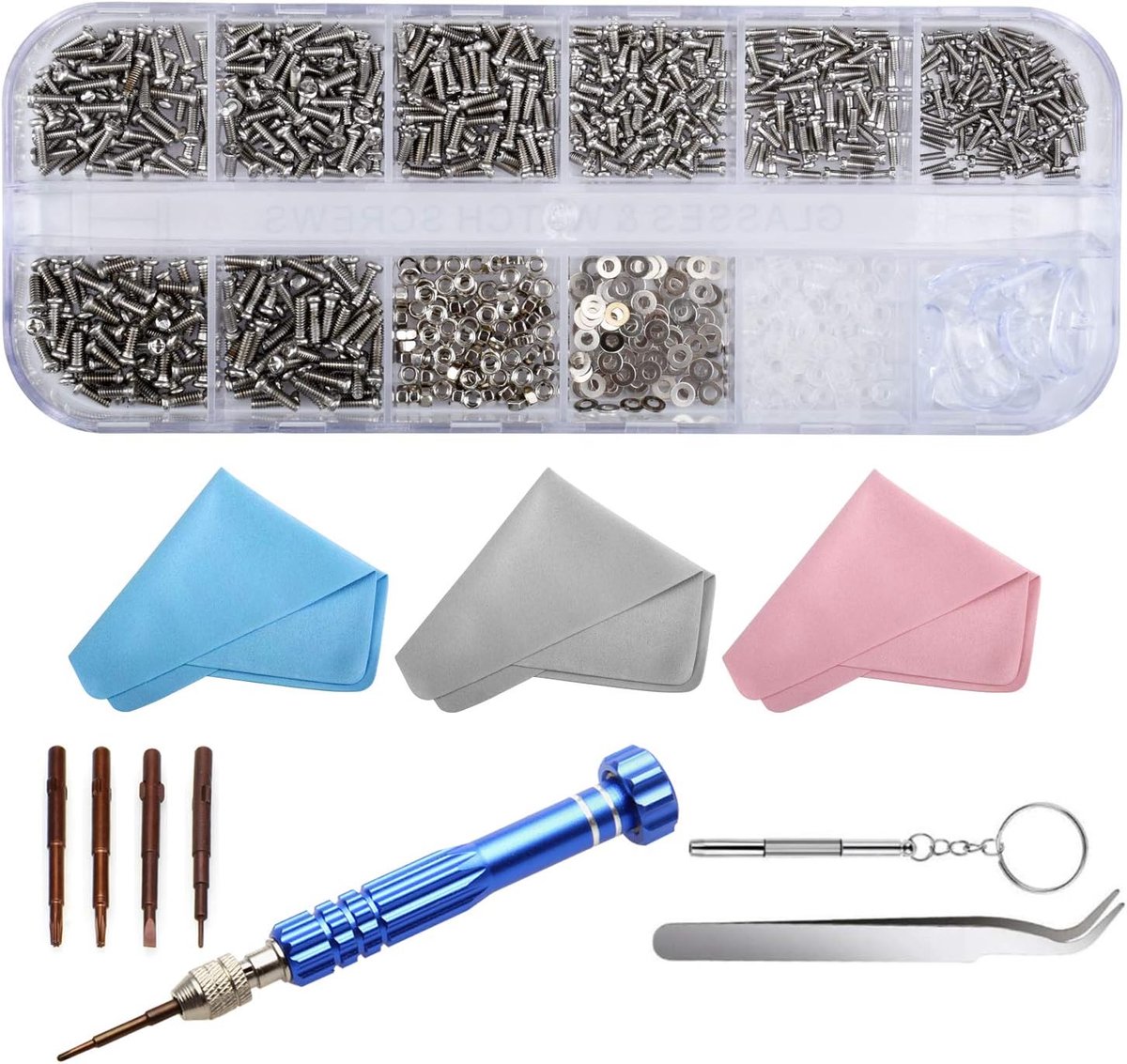 1100 stks bril reparatie tool kit, bril reparatie tool kit zonnebril bril schroeven reparatie kit met siliconen neuspads, brillendoek, pincet, schroeven en schroevendraaier