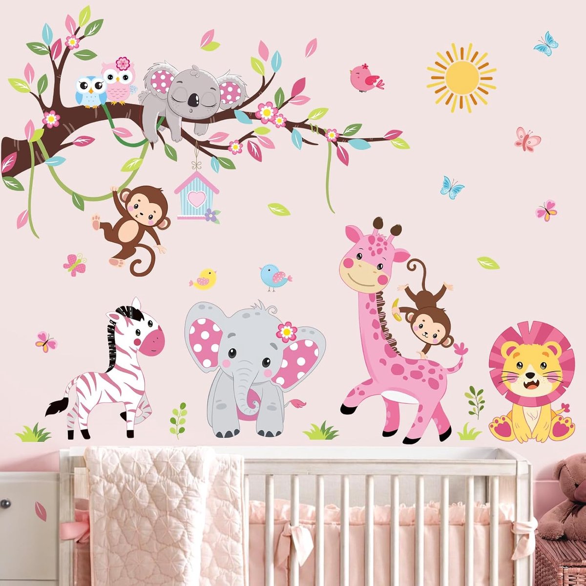 Bosdieren Safari Muursticker - Roze Boom Tak Met Olifant, Leeuw, Giraffe voor Kamer Meisjes en Kleuterschool