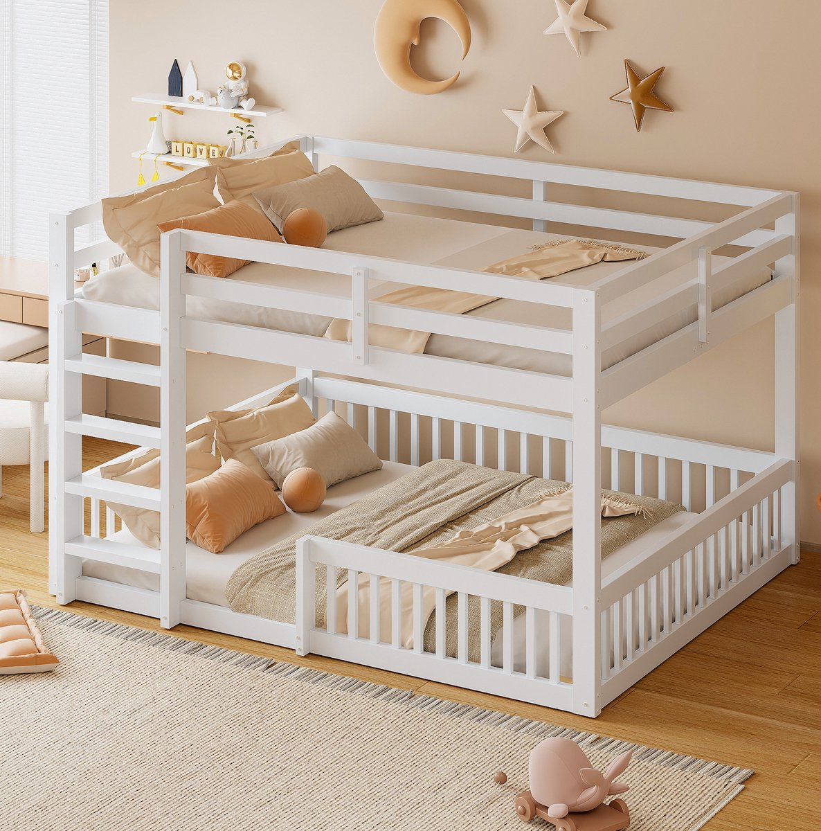 MIVRAY Stapelbed 160x200 Cm Zonder Matras - Tweepersoonsbed Met Uitvalbeveiliging En Ladder - Voor Kinderkamer En Logeerkamer - Hout En MDF - Wit