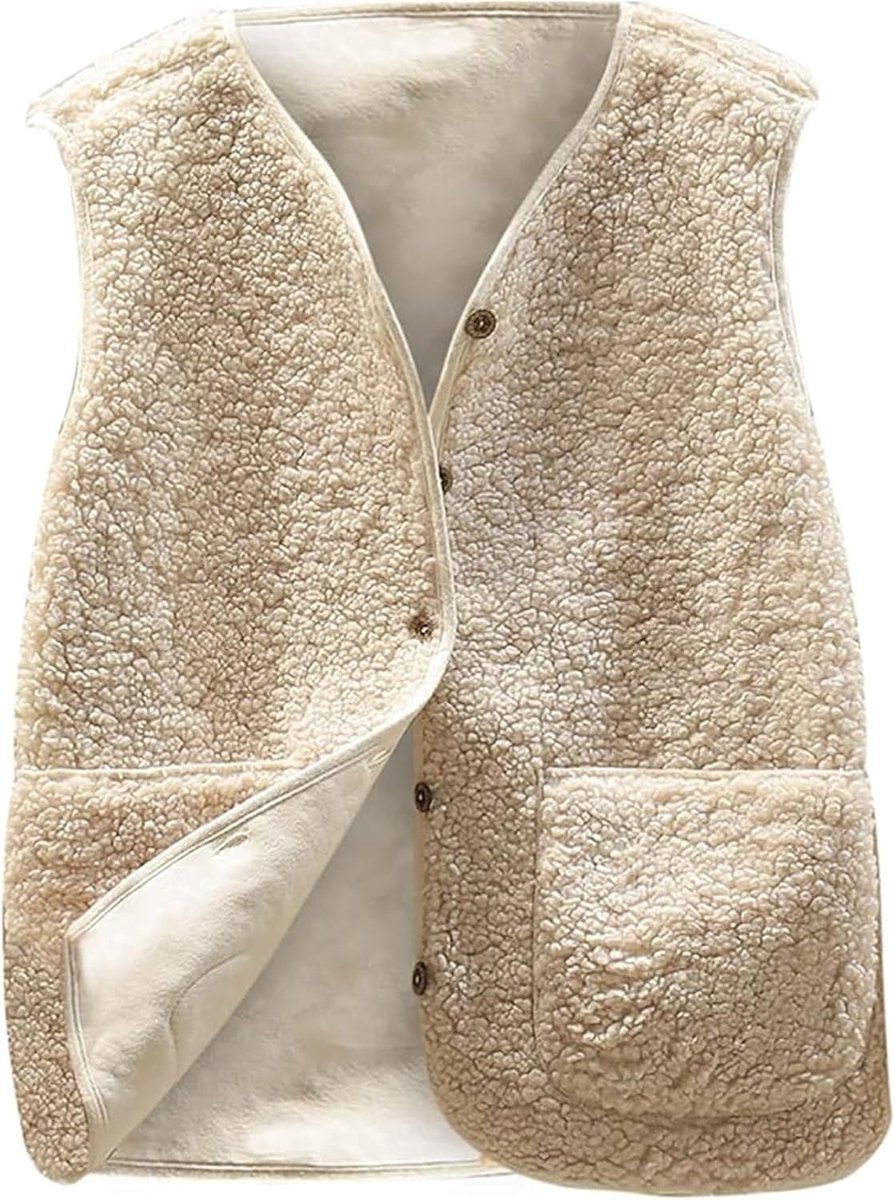 Vest voor dames, mouwloos fleecevest voor dames, effen, V-hals, knopen, teddy, vest, kort, pluche vest voor dames
