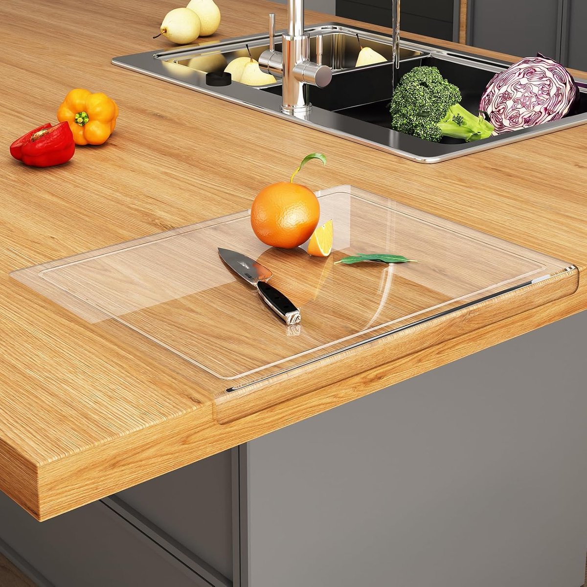 Acryl Snijplank 51x40cm – doorzichtige Snijplank met Sap groef, Perfect voor het snijden van sappige voedingsmiddelen, Hygiënisch, Lichtgewicht met Counter Lip – Non-Slip, Gemakkelijk te reinigen