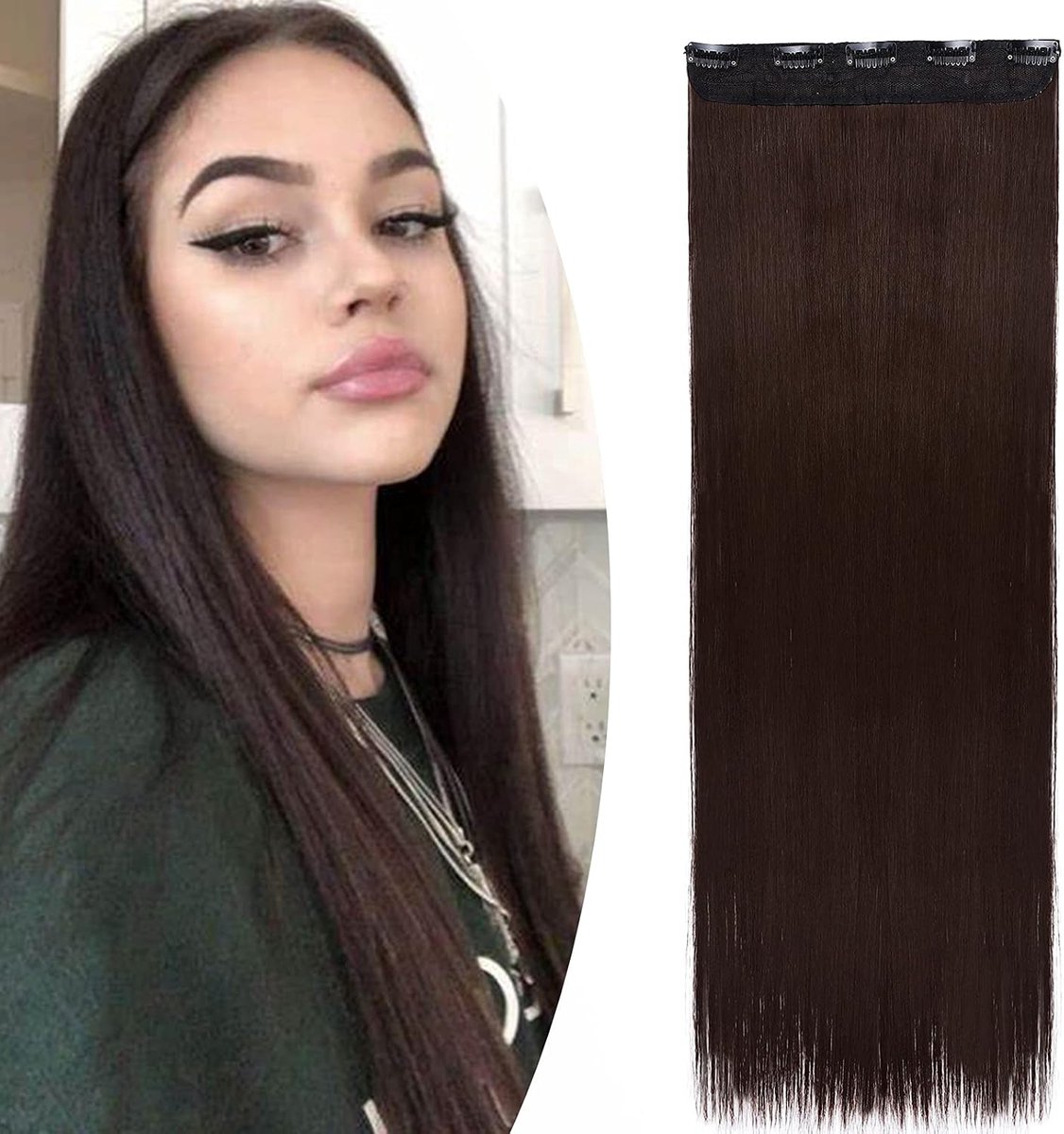 Clip-in extensions, haarstukje, 1 streng en 5 clips, haarverlenging, lijkt op echt haar, steil, 76 cm, 130 g, middenbruin-2