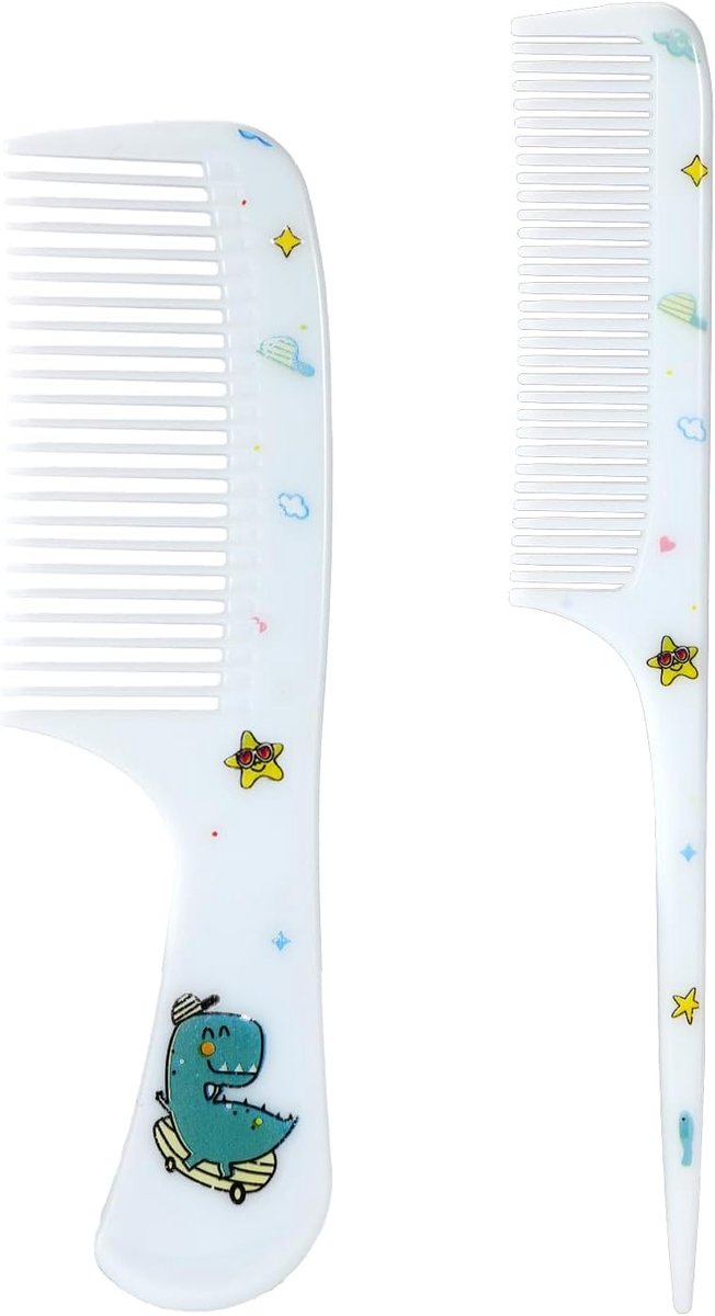 2 Stuks Schattige Kam Set voor Meisjes, Fijne Tandenkam & Puntkam, Mini Plastic Borstel voor Kinderen Dames Alle Haartypes (Dinosaurus)