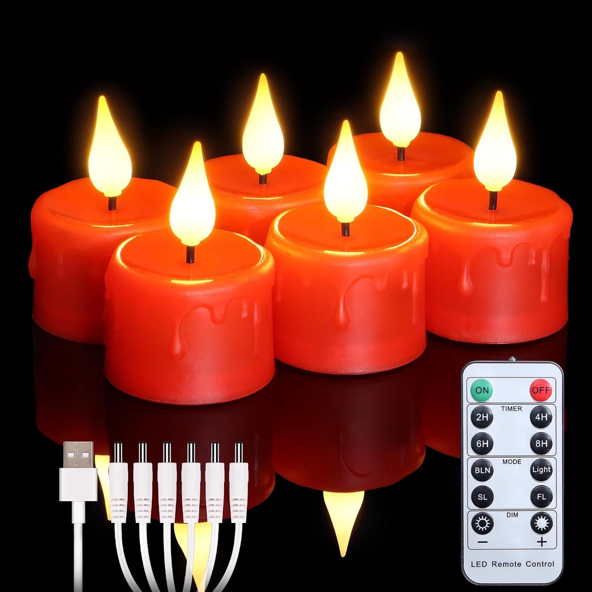 6 rode led theelichtjes oplaadbaar met afstandsbediening, timer, flikkerend, dimbaar, warmwit, elektrische kaarsen oplaadbaar met USB-kabel, 4 x 5.5cm