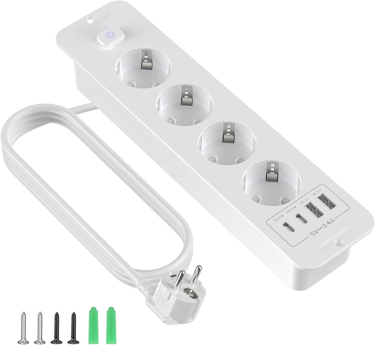 Inbouwstopcontact met USB, 4-voudig tafelstopcontact met USB A en type-C, 8 n 1 tafelblad, verzonken drievoudig stopcontact met 2 m verlengkabel, inbouwstekkerdoos voor kantoor, thuis (wit)