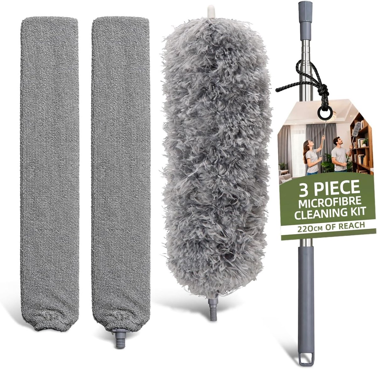 telescoop, wasbaar, stofwisser, telescoopstang en buigbare hoekbezem, Duster microvezel roestvrij staal met telescoopstang, lang uittrekbaar tot 245 cm, stofborstel voor gaten, plafonds