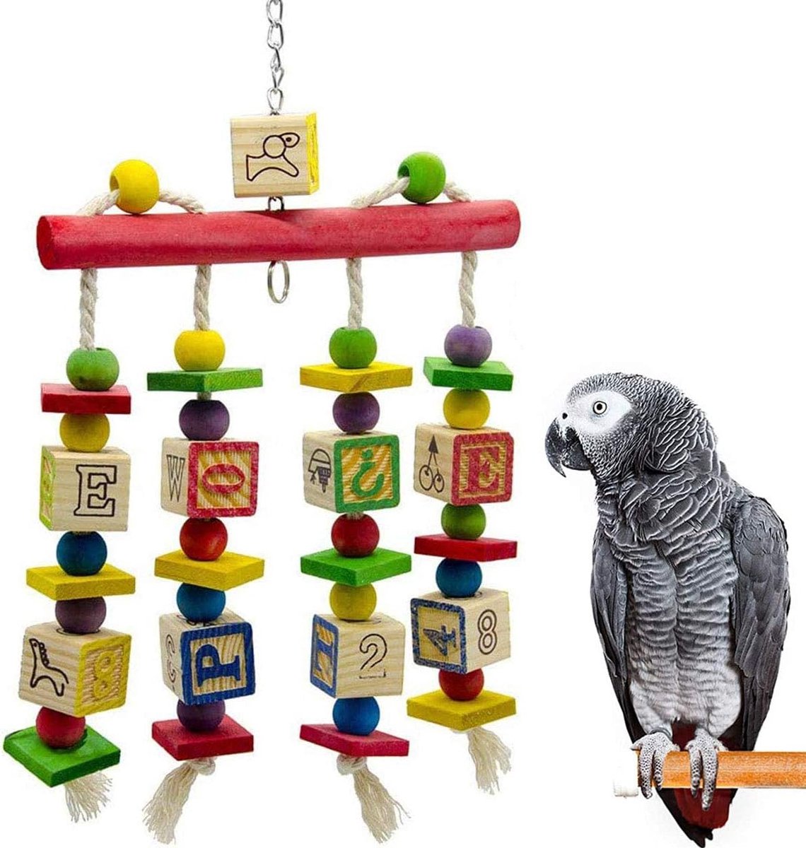 Houten knopen blokkeren papegaaienspeelgoed met bellen, vogel kauwen katoenen touw speelgoed voor middelgrote en grote papegaaien, kaketoe, Afrikaans grijs, ara's