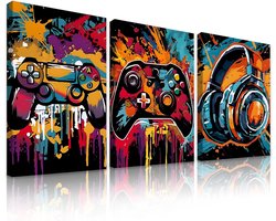 milaosk Set van 3 muurschilderingen, gaming, poster, prints op canvas, gamepad, helm, graffiti, wanddecoratie, slaapkamer, tieners, jongens, cadeau voor gamers C