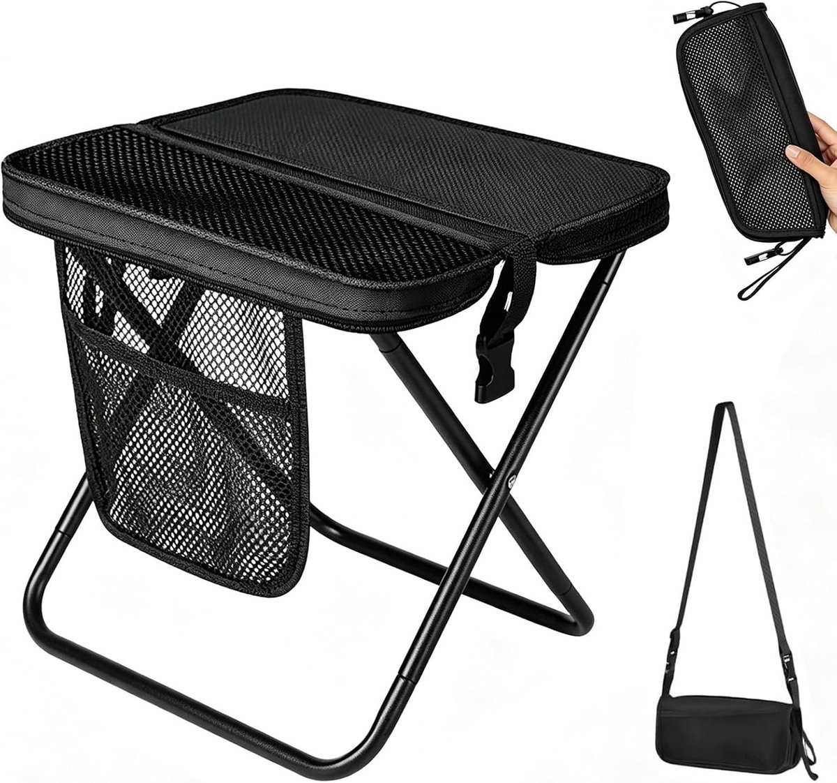 klapkruk, campingkruk, opvouwbaar, 31 cm, lichte zitting, vouwstoel, mini-klapkruk met opbergtas, tuinkruk inklapbaar voor kamperen, vissen, reizen, wandelen (zwart A)