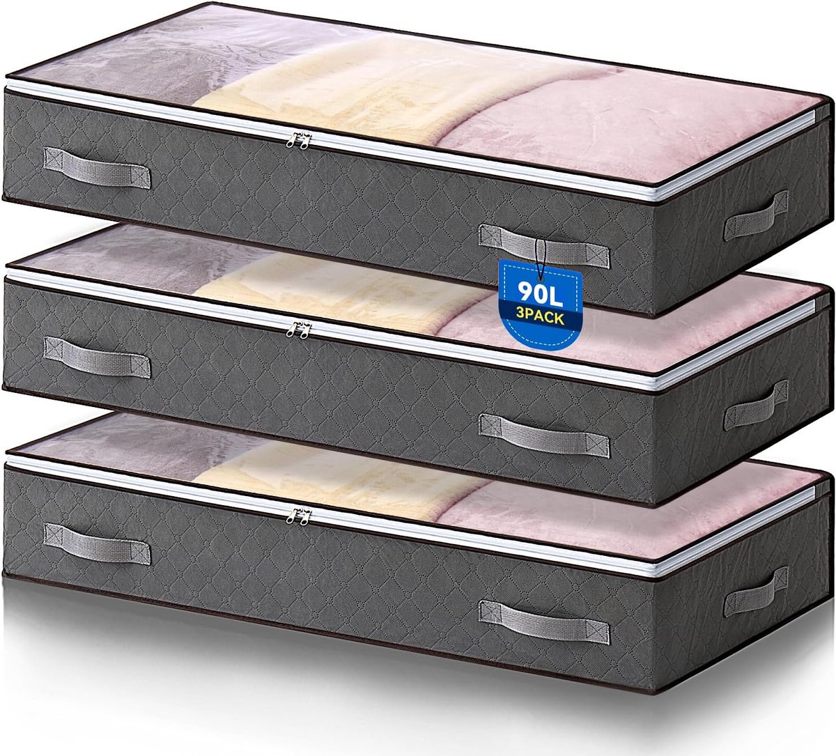 3 Stuks 90L Opbergzakken voor Onder het Bed, Opvouwbare Opbergzakken met Grote Inhoud voor Kleding, Dekbedden, Dekens en Beddengoed (Grijs)