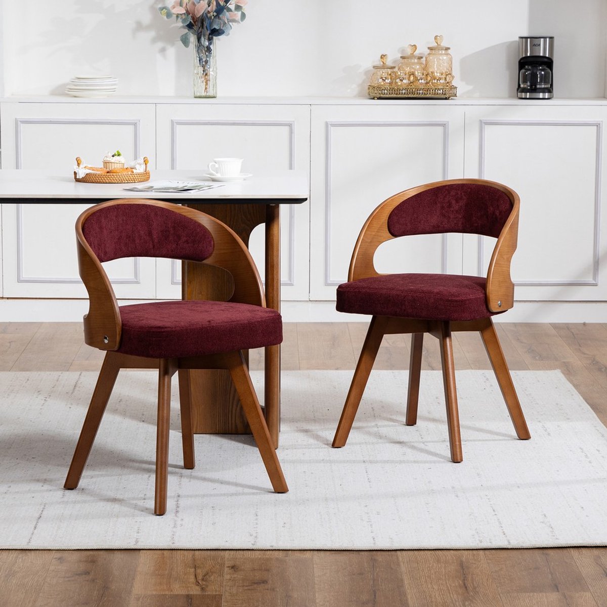 Pugsdrly Een set van twee houten eetkamerstoelen in moderne stijl, met draaibare zittingen, zitkussens van katoen en linnen en een gebogen rugleuning; accentstoelen voor de keuken of een café (Wine Red Linen)