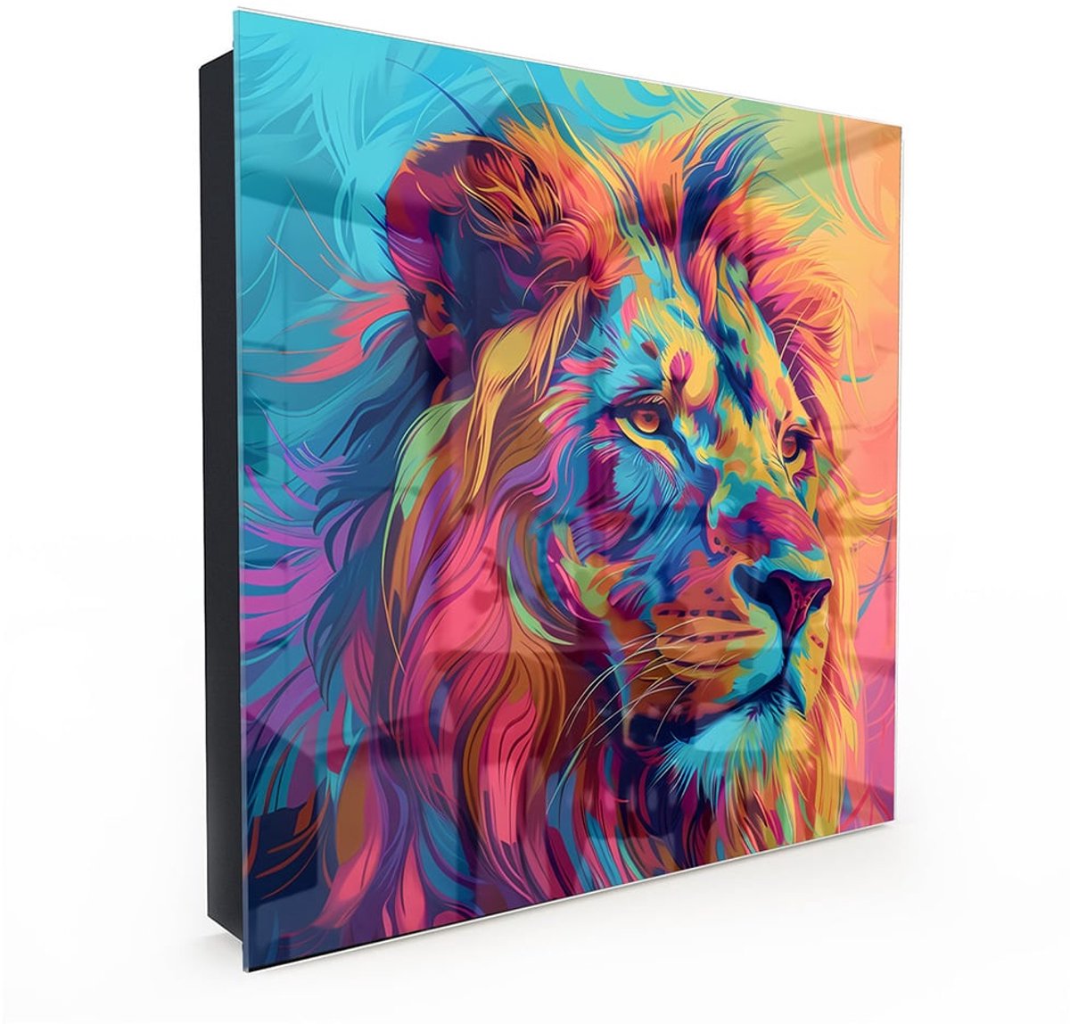 MyDesignGlas Sleutelkastje met Glazen Deur en Print – 50 Haken – 30x30x5 cm – Kleurrijke Leeuw – Metalen Sleutelkast – Zwart - Rechtsopenend