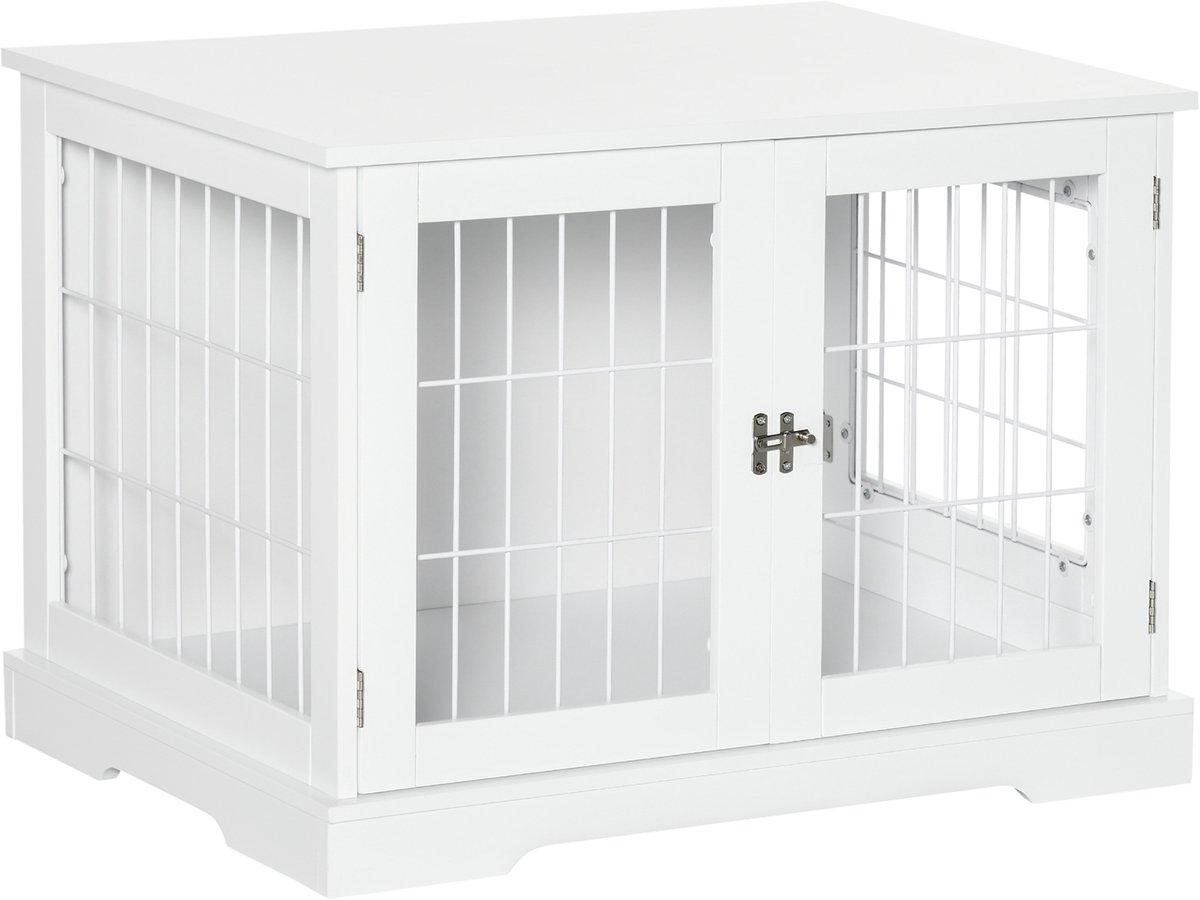 Dierenkooi voor honden, 2-in-1, bijzettafel met 2 afsluitbare deuren, afmetingen: 76 x 54,5 x 56 cm, metaal en MDF