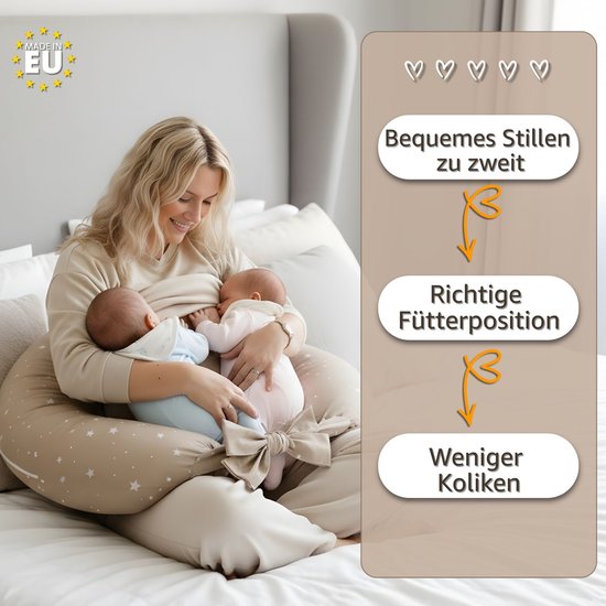 Borstvoedingskussen Tweeling Voedingskussen Baby - 90x50 cm - Ergonomisch Positioneringskussen Materniteit Multifunctioneel Ondersteuning Zacht Afneembare Hoes Oeko-Tex Beige met witte sterren — afbeelding 5