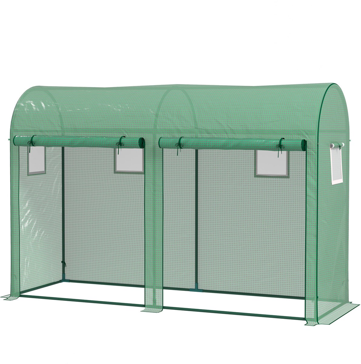 Tuin kas 3 m² PE, verstevigde 140 g/m² anti-UV folie, stalen frame, 2 ritsdeuren en 4 oprolvensters, 3 x 1 x 2 m, groen