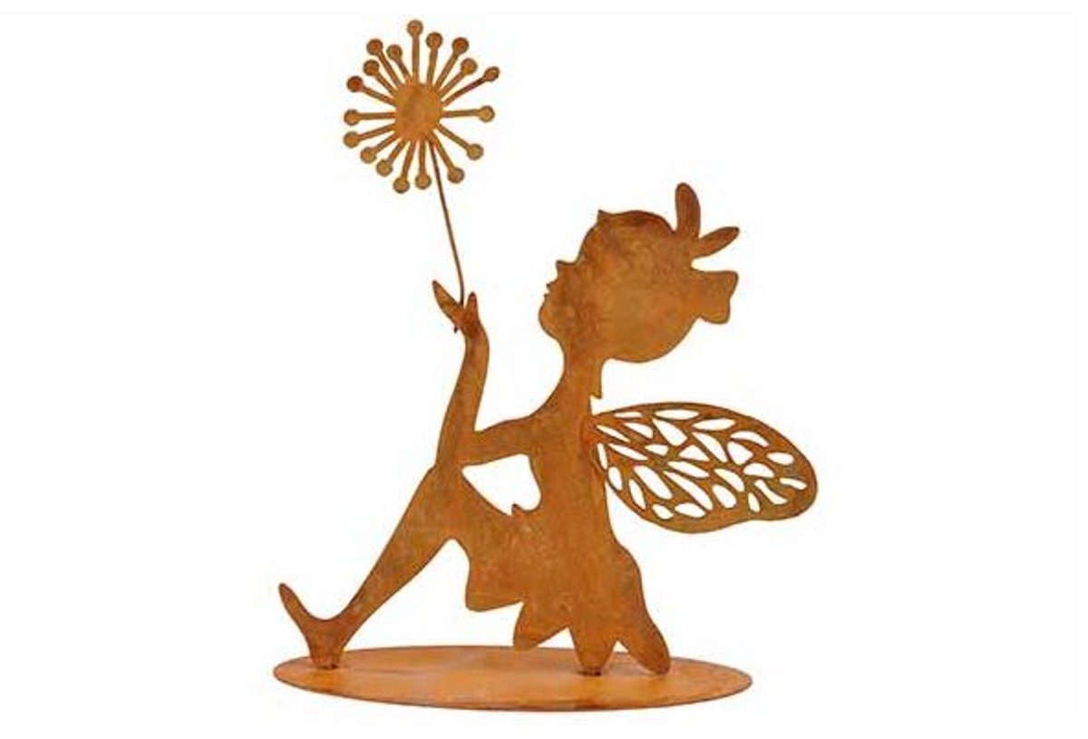 Beeld Fairy Sitting Holding Flower Roest 14x6xh16cm Andere Metaal