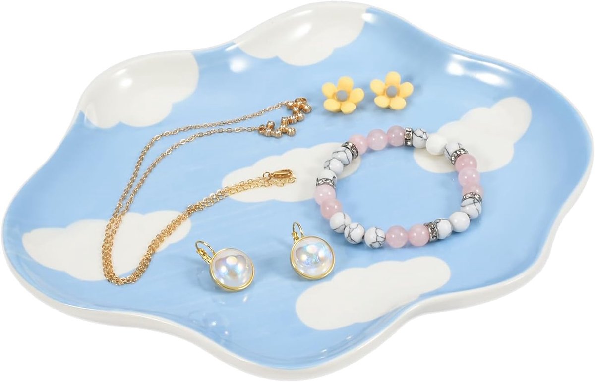 Sieradenlade, keramische sieraden schotel snuisterij lade organizer, wolken esthetische decoratieve voor keuken, badkamer (blauwe lucht en witte wolken)