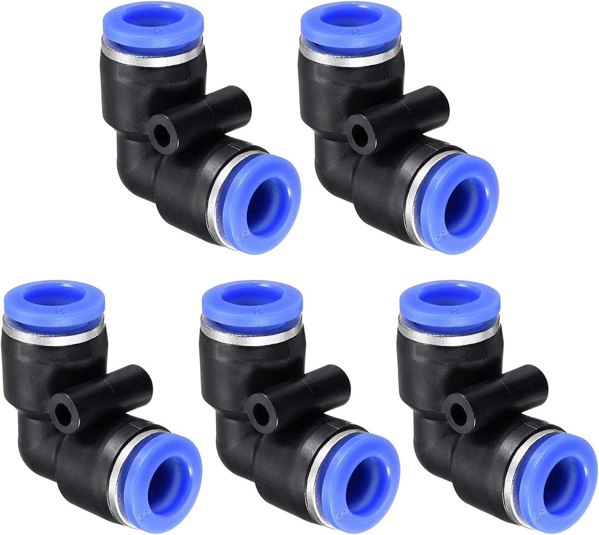 METERXITY 5 Pack 90 graden elleboogdruk om luchtslangfittingen aan te sluiten, voor het transport van luchtwater, toepassen op buiten/industrieel (8 mm, blauw zwart)