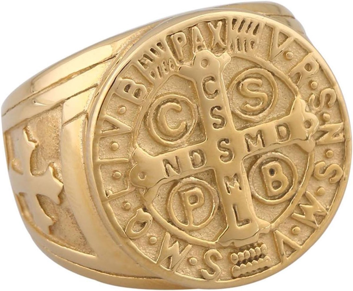 Benediktussegen, herenring, brede roestvrijstalen band, ring, goud, zilver, zegelring, duimring, Saint Benedict Medal, herenaccessoires