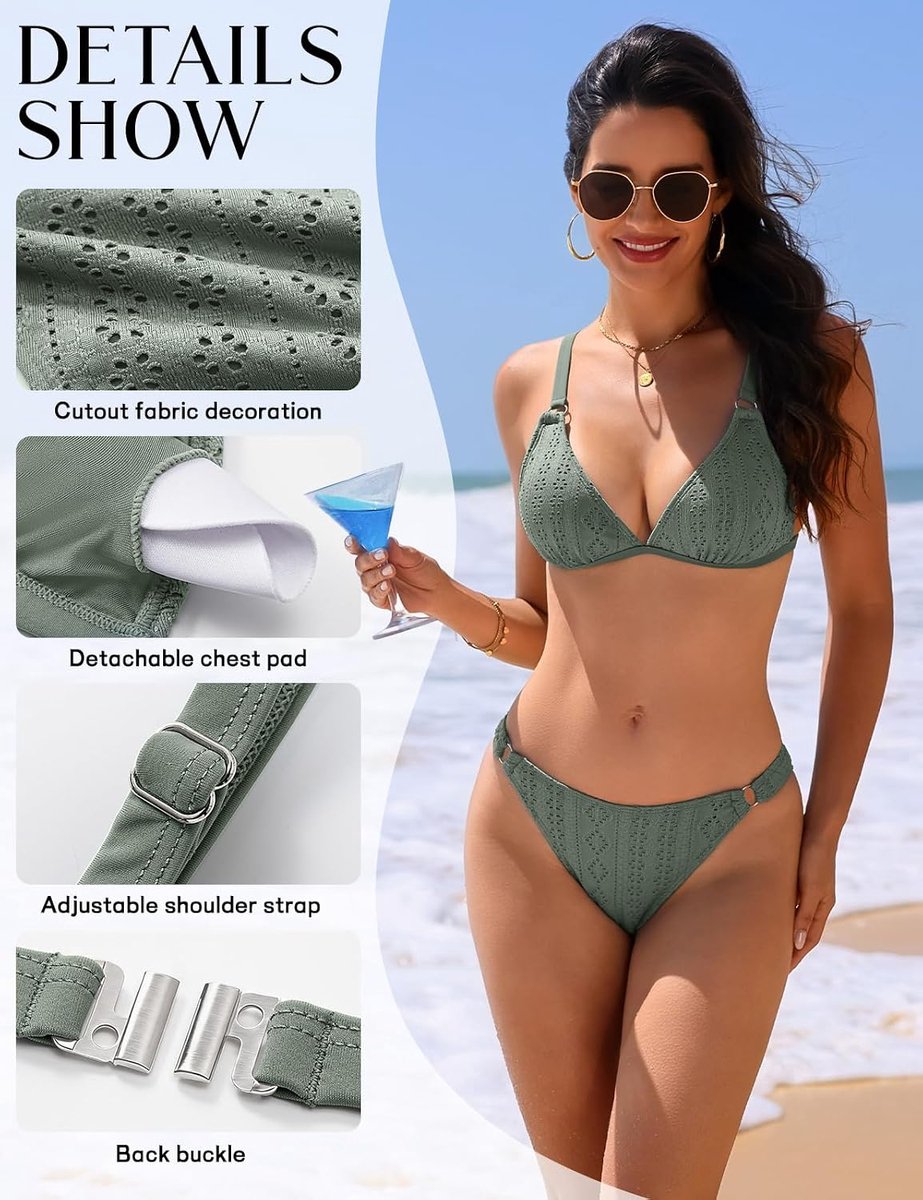 2-delig sexy metalen design, bedrukt, met uitsparingen, driehoekige bikini voor dames, V-hals, lage taille, badpak voor dames